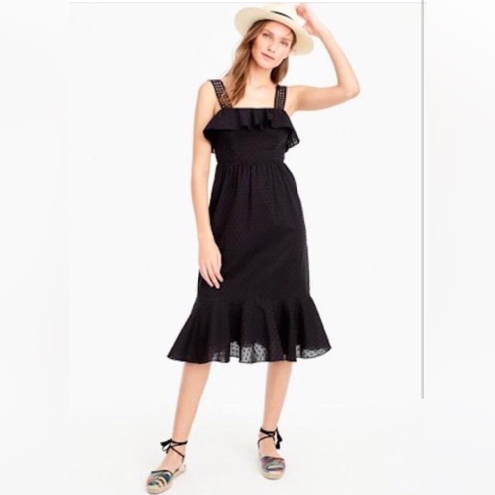 J. Crew Ruffle Eyelet Flounce Bodice/Hem Midi Dress, Black, Size 0